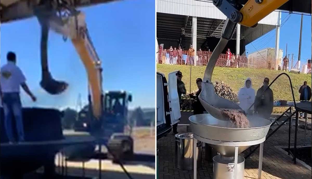 Vídeo: Feijoada gigante é feita com apoio de retroescavadeira e caminhão-pipa no Paraná