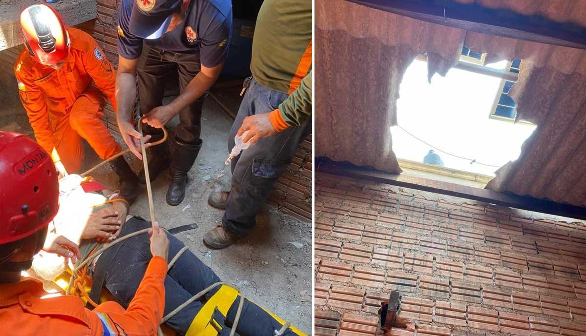 Trabalhador é resgatado pelos Bombeiros após cair do telhado de prédio e ficar em cima de laje