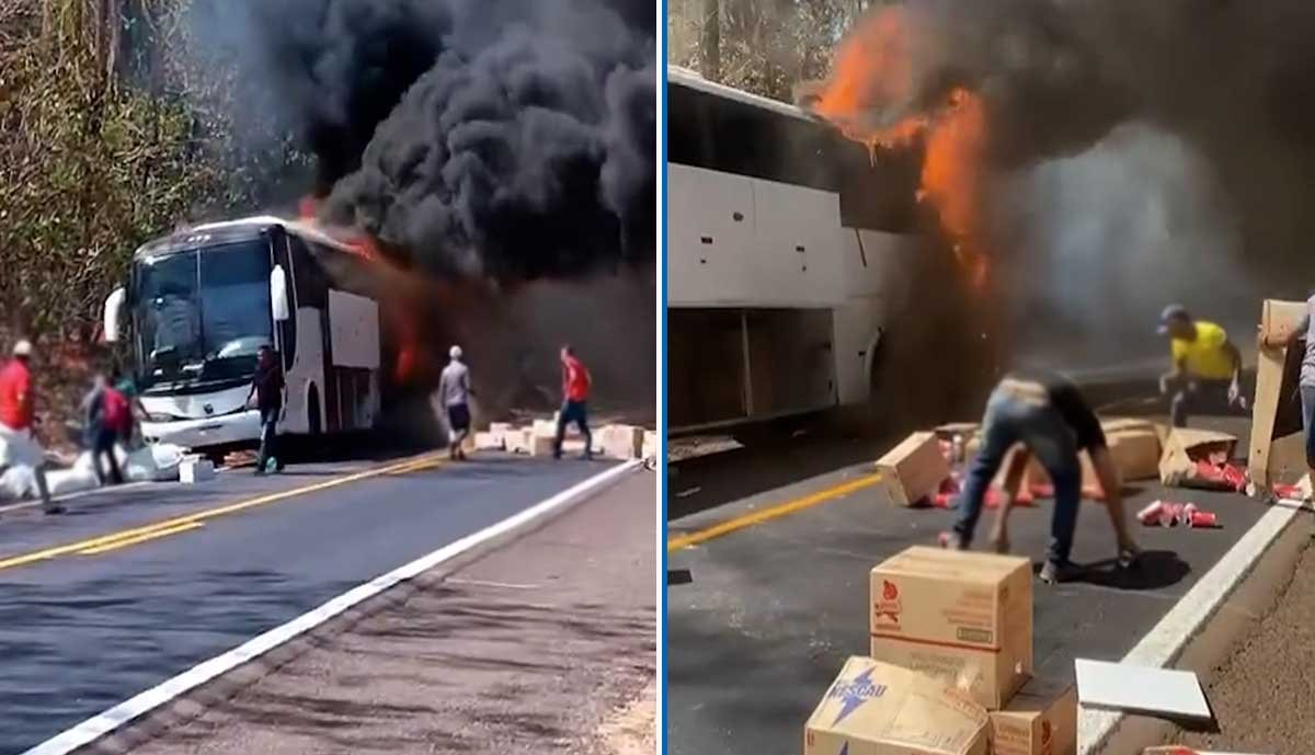 Vídeo mostra passageiros fugindo de ônibus que pegou fogo na BR-153; Assista
