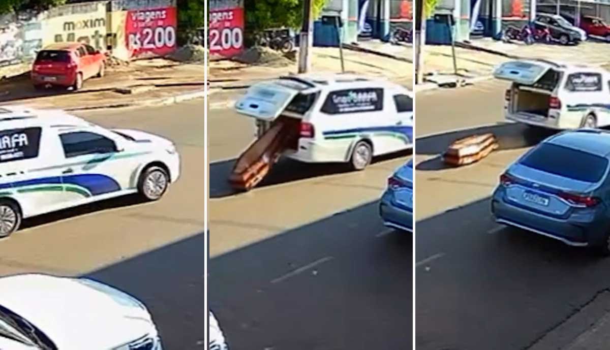 Vídeo: Caixão com corpo dentro cai de carro funerário no meio de avenida no norte do Tocantins