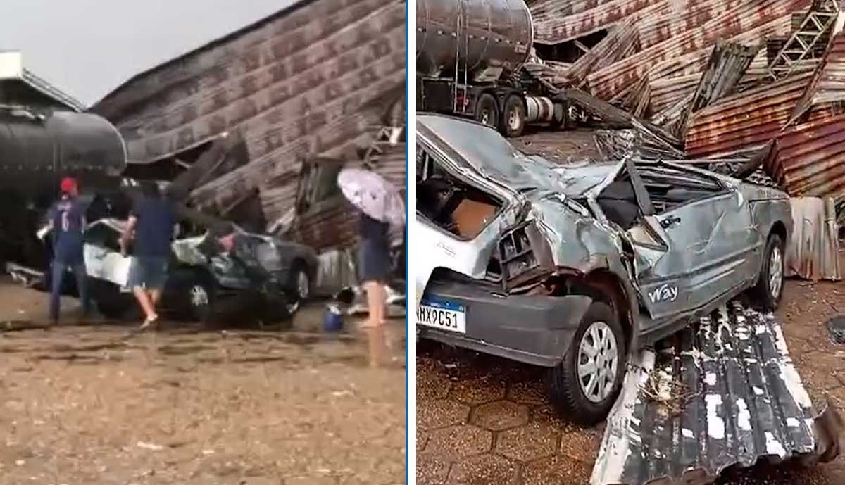 Motorista de Fiat Uno sai ileso após estrutura de posto desabar em cima do veículo durante temporal; Vídeo