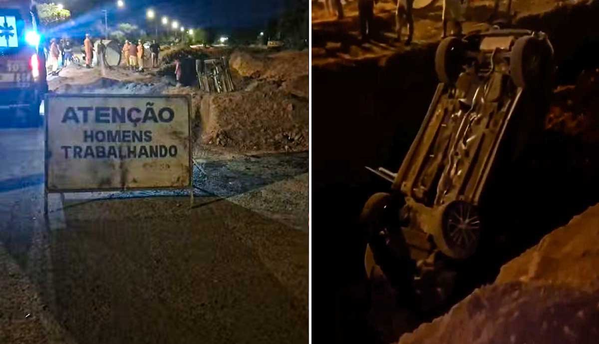 Condutor passa por cima de sinalização e carro vai parar em vala aberta com rodas para cima; Vídeo