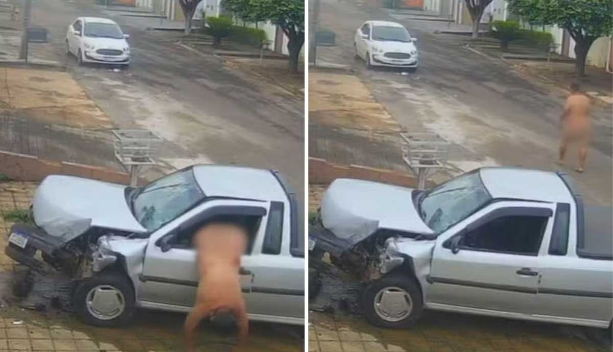 Ladrão rouba carro, bate contra muro e acaba fugindo pelado pela rua; Vídeo