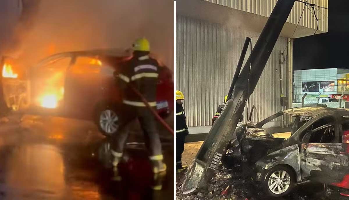Casal fica ferido após discutir, bater carro em poste e veículo pegar fogo; Vídeo