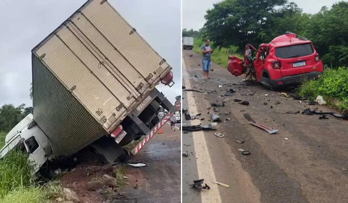Colisão entre carro e caminhão mata policial penal, mãe e avó na BR-153; Vídeo