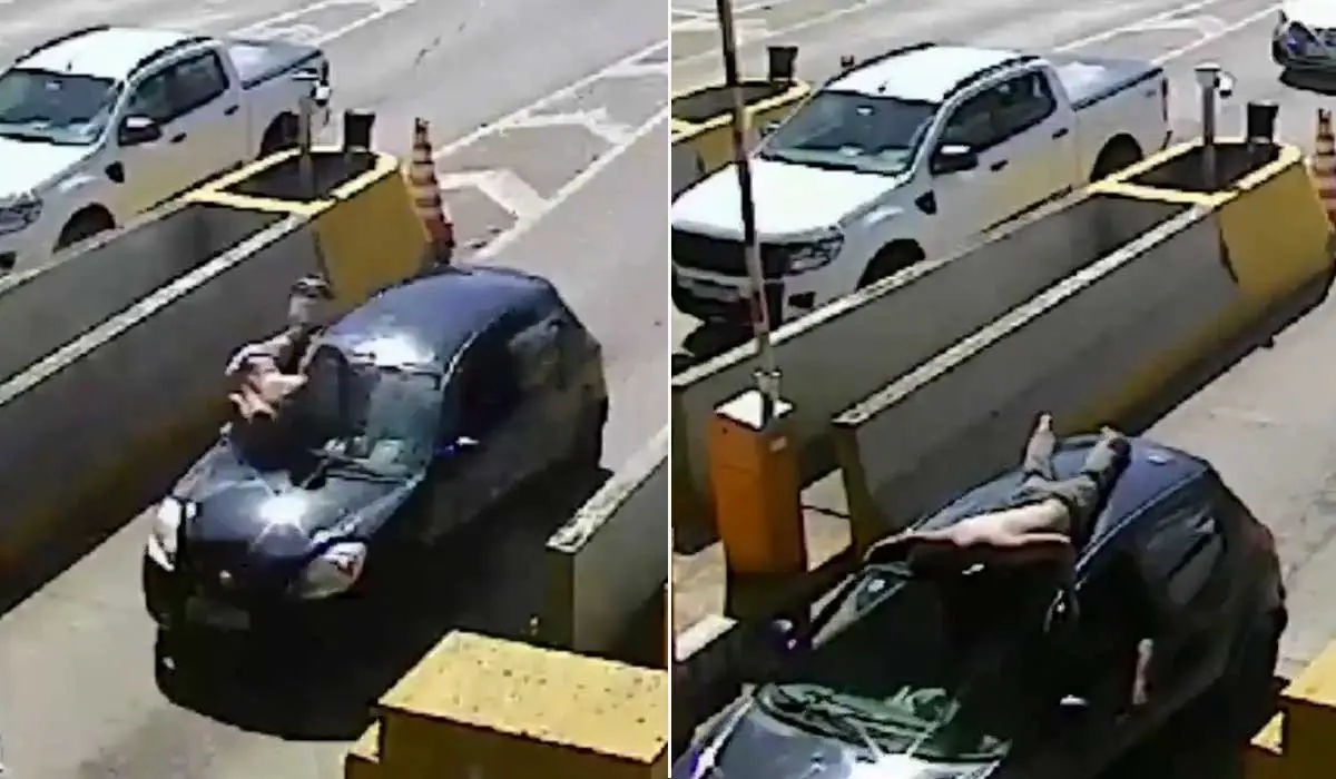 Homem bêbado é flagrado 'viajando' deitado no teto de carro a 100 km/h na BR-153,Vídeo